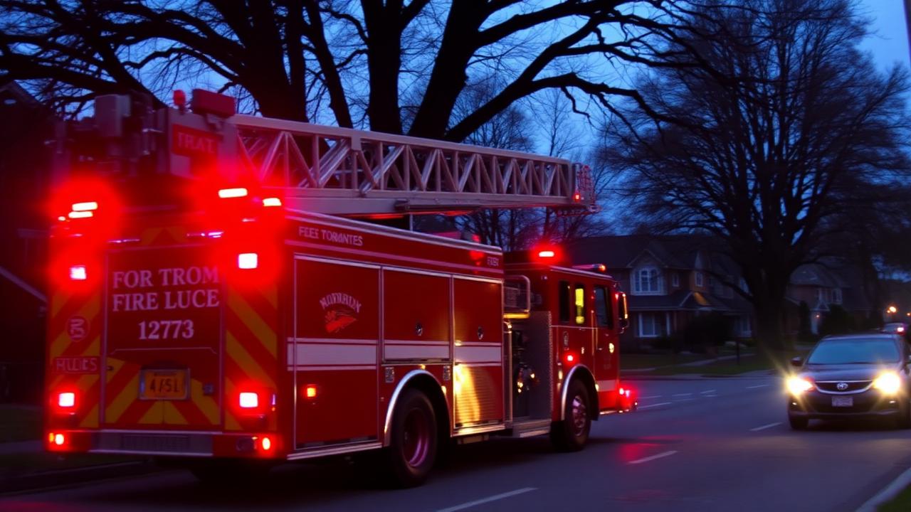 Live feed of a fire truck and ladder on an O'Connor area street at dusk