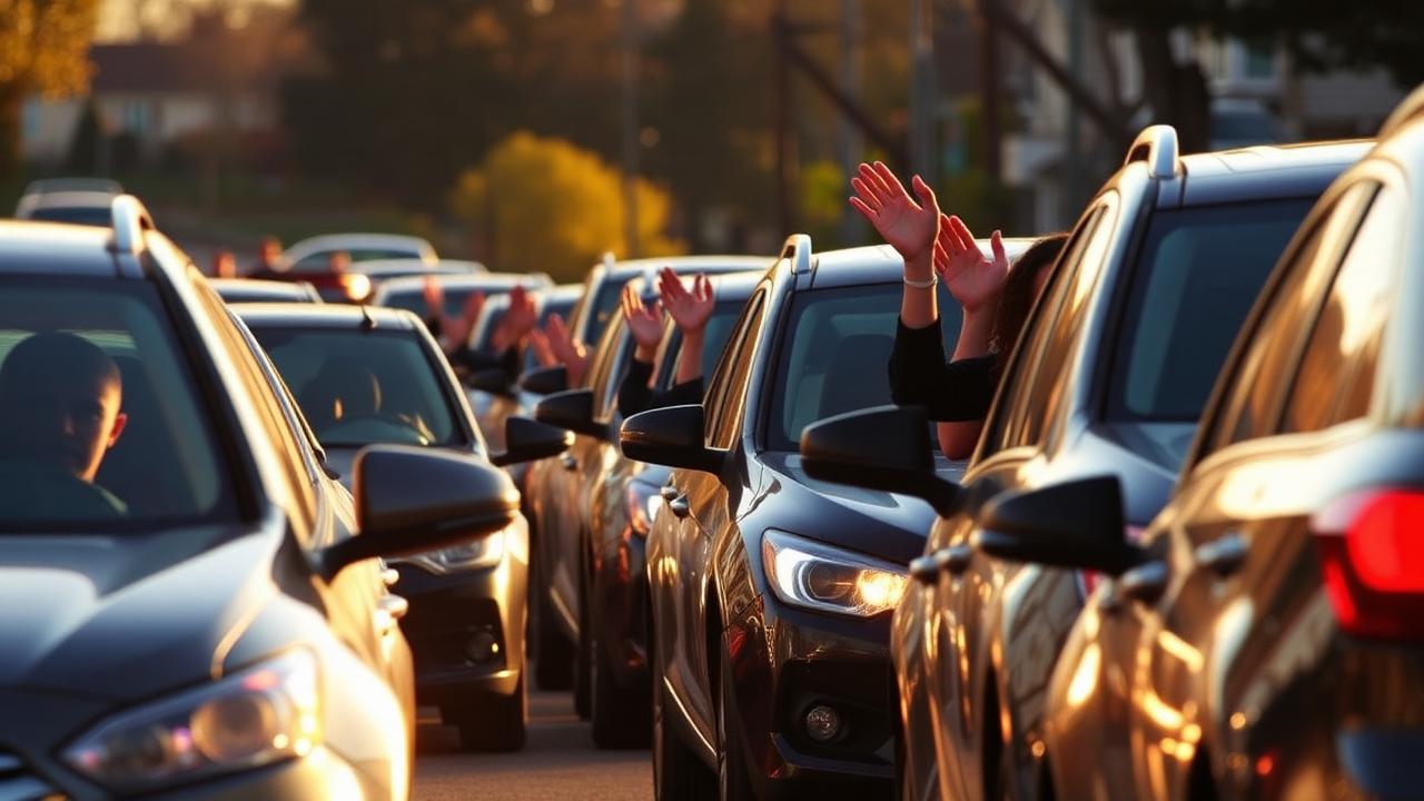 Cars stopped on a suburban street with drivers applauding out of their windows