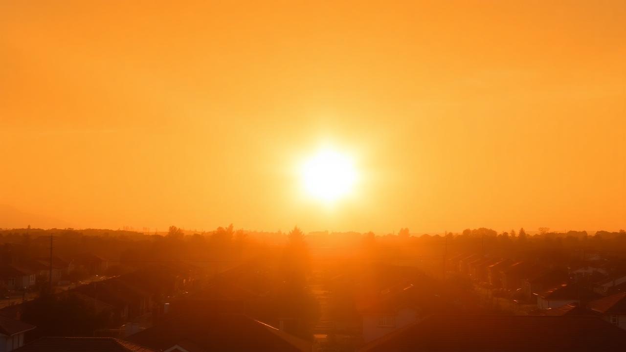 Blazing sun over a hazy suburban skyline during a heat warning